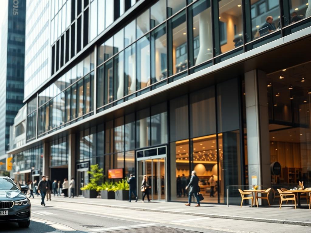 A modern commercial building designed for business operations, featuring sleek